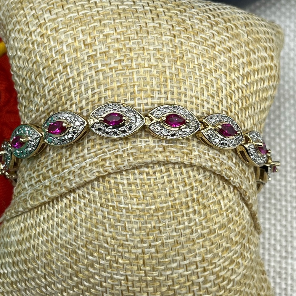 Vintage Gold-Over-Sterling Ruby & Diamond Accent Bracelet - 7.25” - Picture 12 of 17